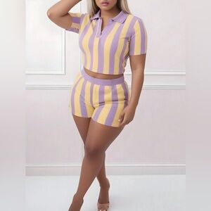 Striped Purple and Yellow Two-Piece Shorts Set